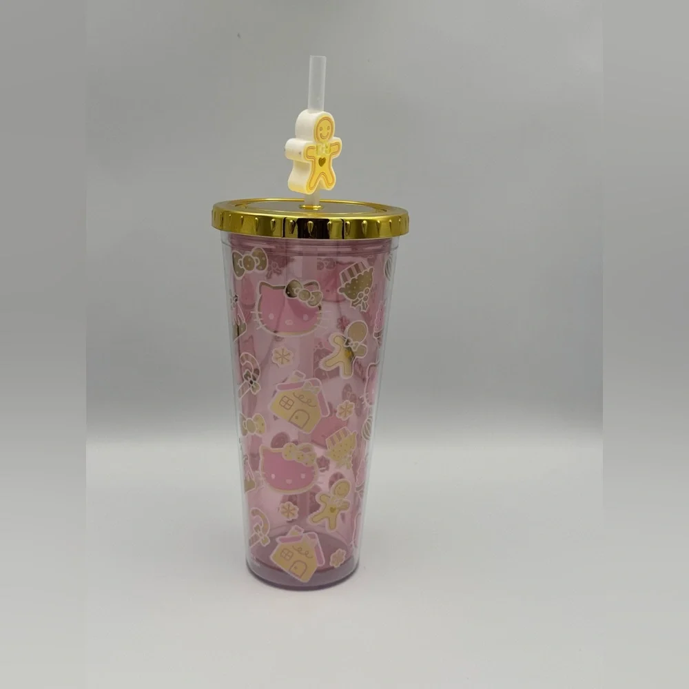 Hello Kitty Pink Christmas Tumbler Gold Lid‎ Gingerbread Straw 24oz